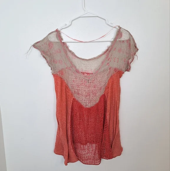 Free People Coral Knit Burlap Lightweight Boho Hippie Sheer Shirt‎ Size XS - Picture 2 of 6